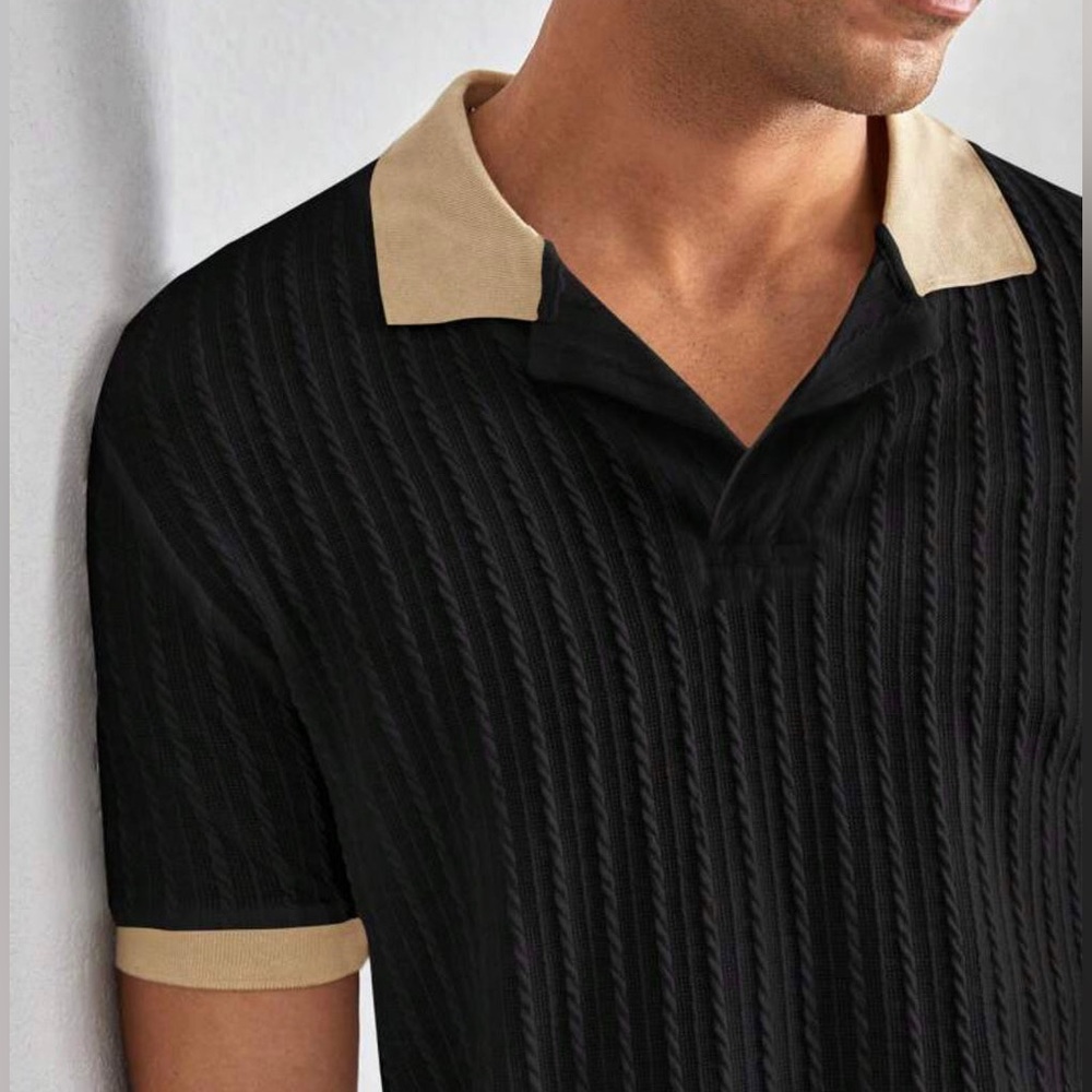 Men’s Black / tan cable knit short sleeve polo tee shirt - Picture 3 of 5